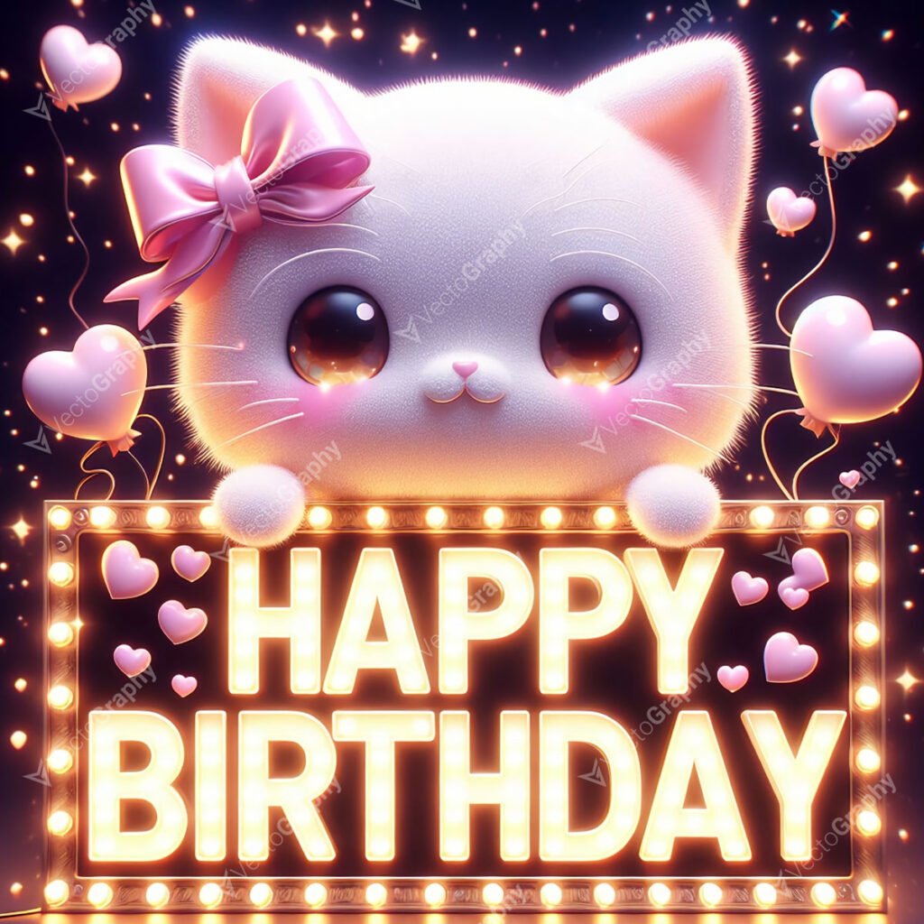 A fluffy white cat holding a "Happy Birthday" sign in romantic script, surrounded by glowing hearts and lights. (Pastel, anime, 3D)