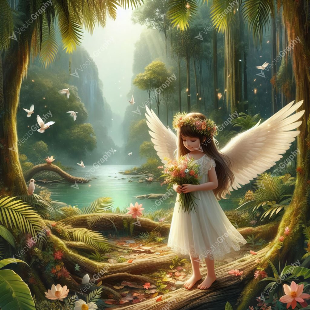 A young anime angel with outstretched wings stands in a vibrant paradise filled with lush greenery and blooming flowers.