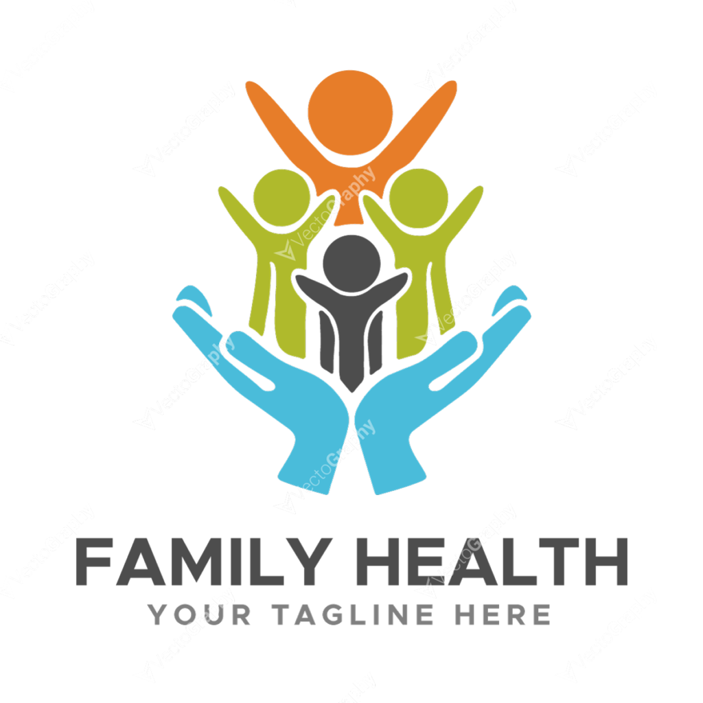 Abstract vector logo design featuring four family person icons arranged within interconnected circles, representing family unity and health, with vibrant colors and modern typography.