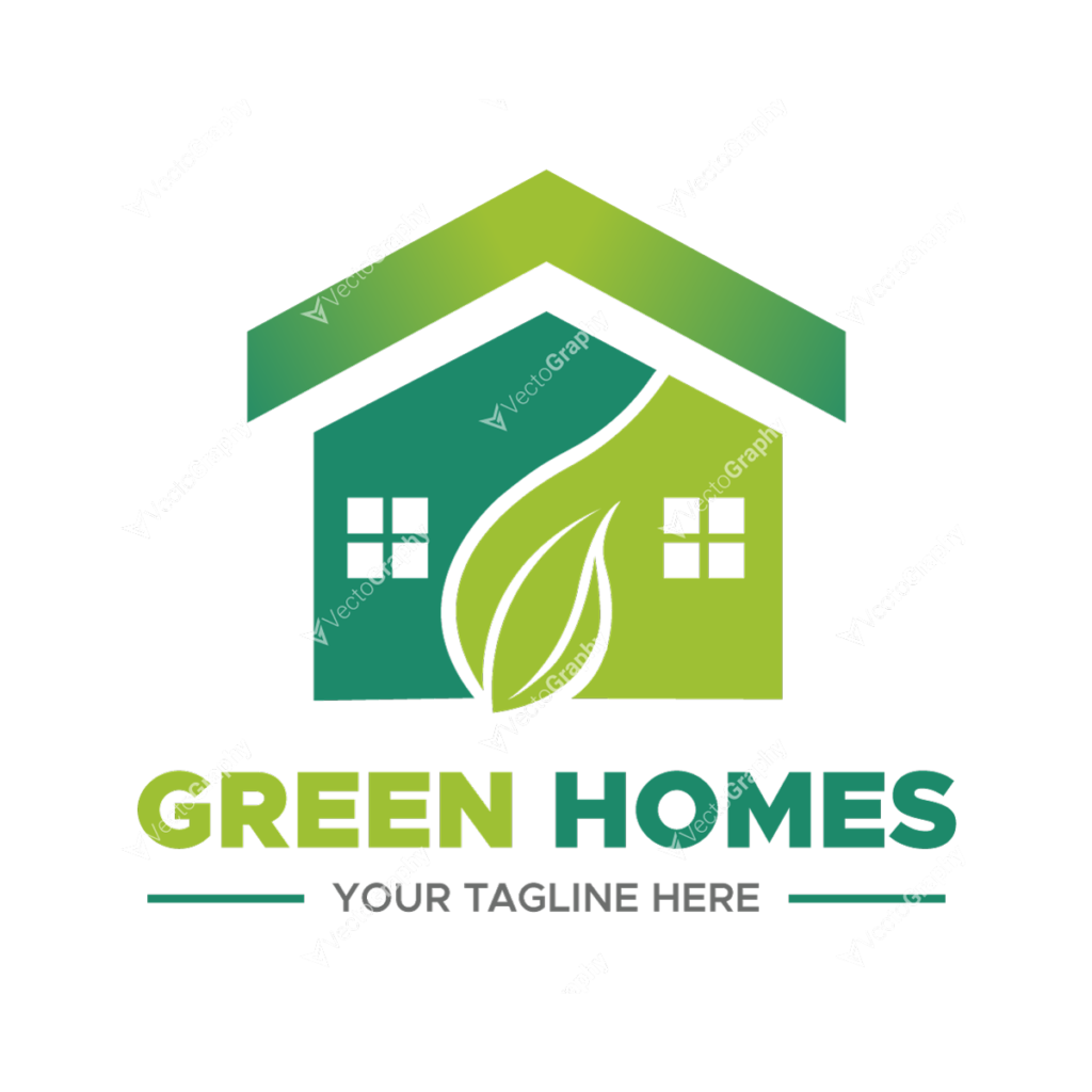 A vector logo template featuring a stylized house surrounded by vibrant green foliage, symbolizing eco-friendly living and sustainable housing.