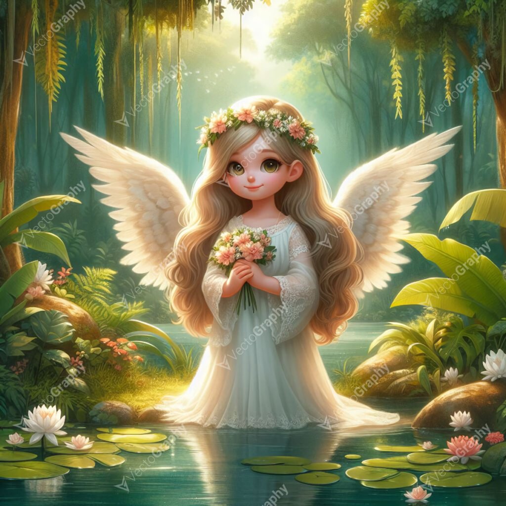 A Disney-inspired anime angel, wearing a flower crown and holding flowers, stands in a hidden paradise filled with lush greenery and a crystal-clear lake