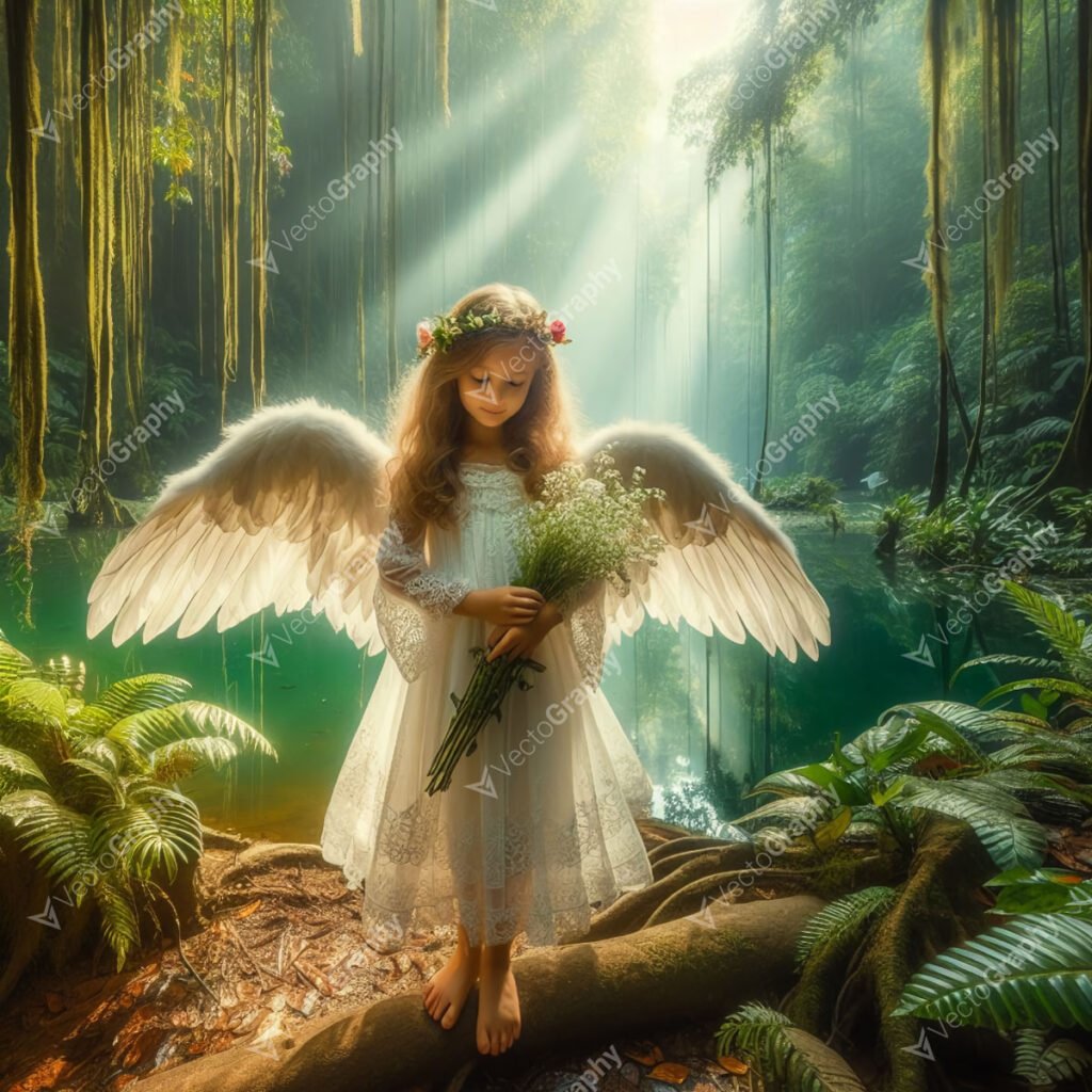 A young angel with white wings stands in a sun-dappled jungle clearing beside a lake. The angel holds flowers in their hands.