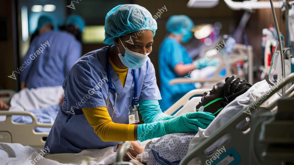 A female healthcare worker wearing scrubs and gloves, tending to a patient lying in a hospital bed.