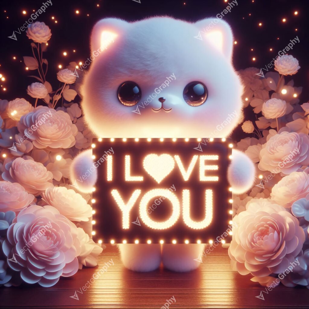 A fluffy white dog holding a pink sign that reads 'I Love You' surrounded by a bed of red roses and twinkling light particles.