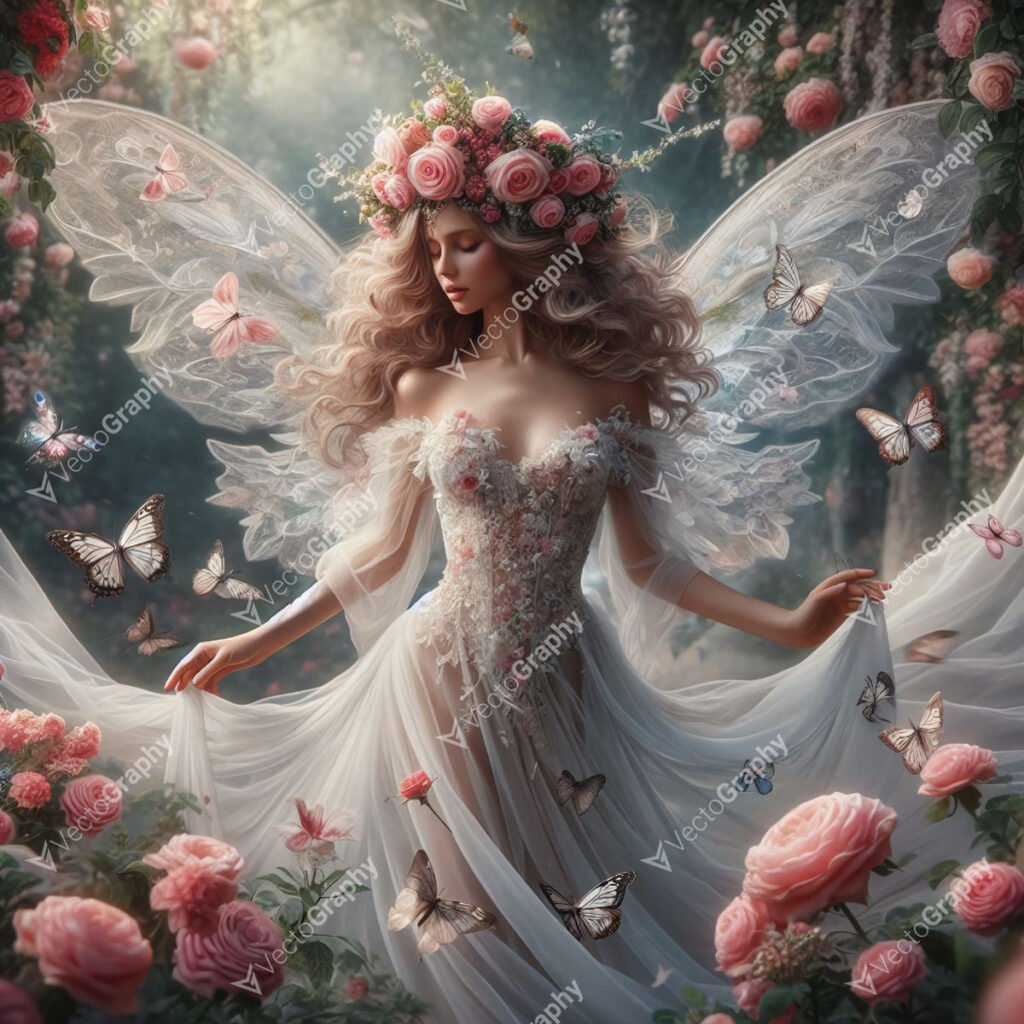 A girl in a white dress, adorned with a crown of roses, dances with colorful butterflies amidst a vibrant blooming rose garden.