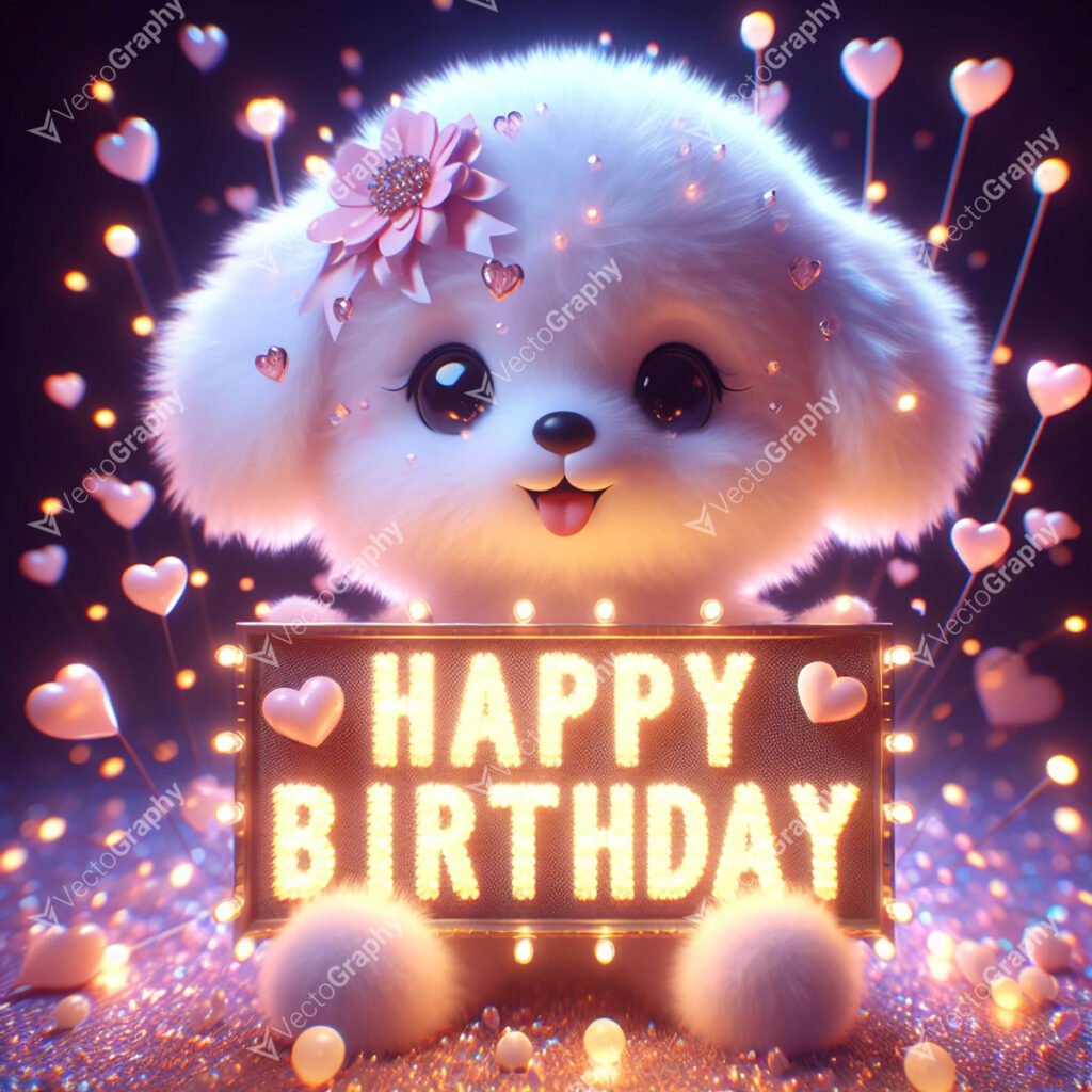 A fluffy dog holds a sign that reads 'Happy Birthday' illuminated with lights. Hearts and sparkles adorn the background, creating a festive atmosphere.