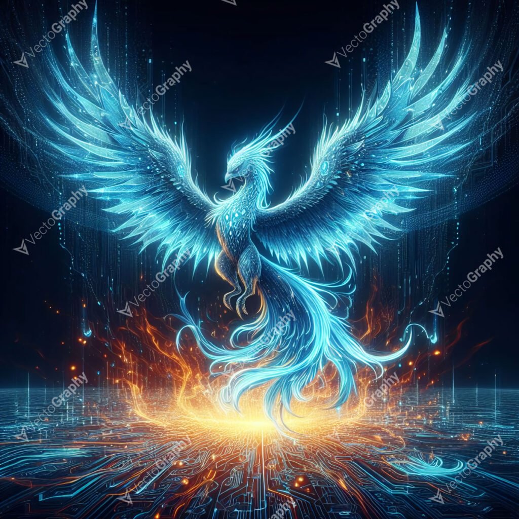 An image of a majestic phoenix emerging from digital ashes, surrounded by vibrant holographic flames, symbolizing renewal and transformation.