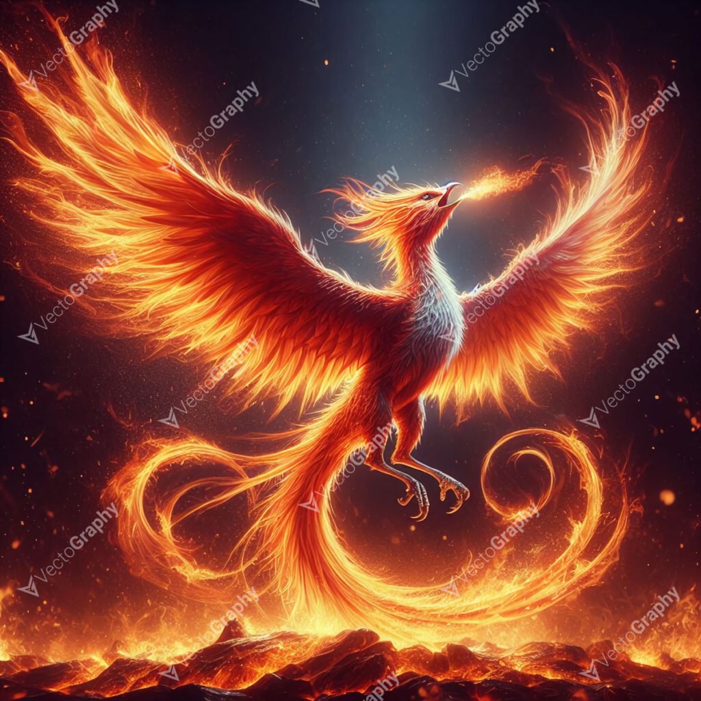 A majestic phoenix with vibrant plumage emerges triumphantly from a raging inferno, symbolizing rebirth and renewal amidst flames. The phoenix's wings spread wide as it rises from the fire, embodying strength, resilience, and the eternal cycle of life.