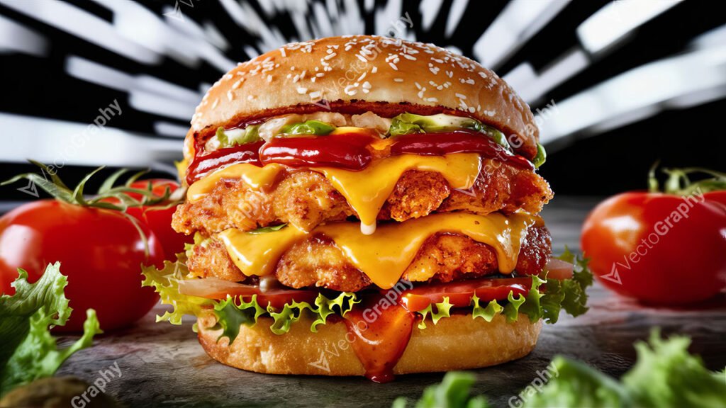 Image of a zinger burger stacked with a cheese patty and savory sauce, presented on a table surrounded by fresh tomatoes.