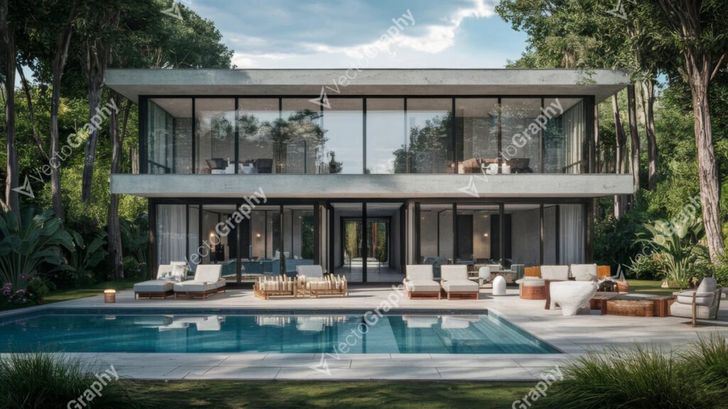 Exterior of a luxury glass villa with a swimming pool surrounded by trees